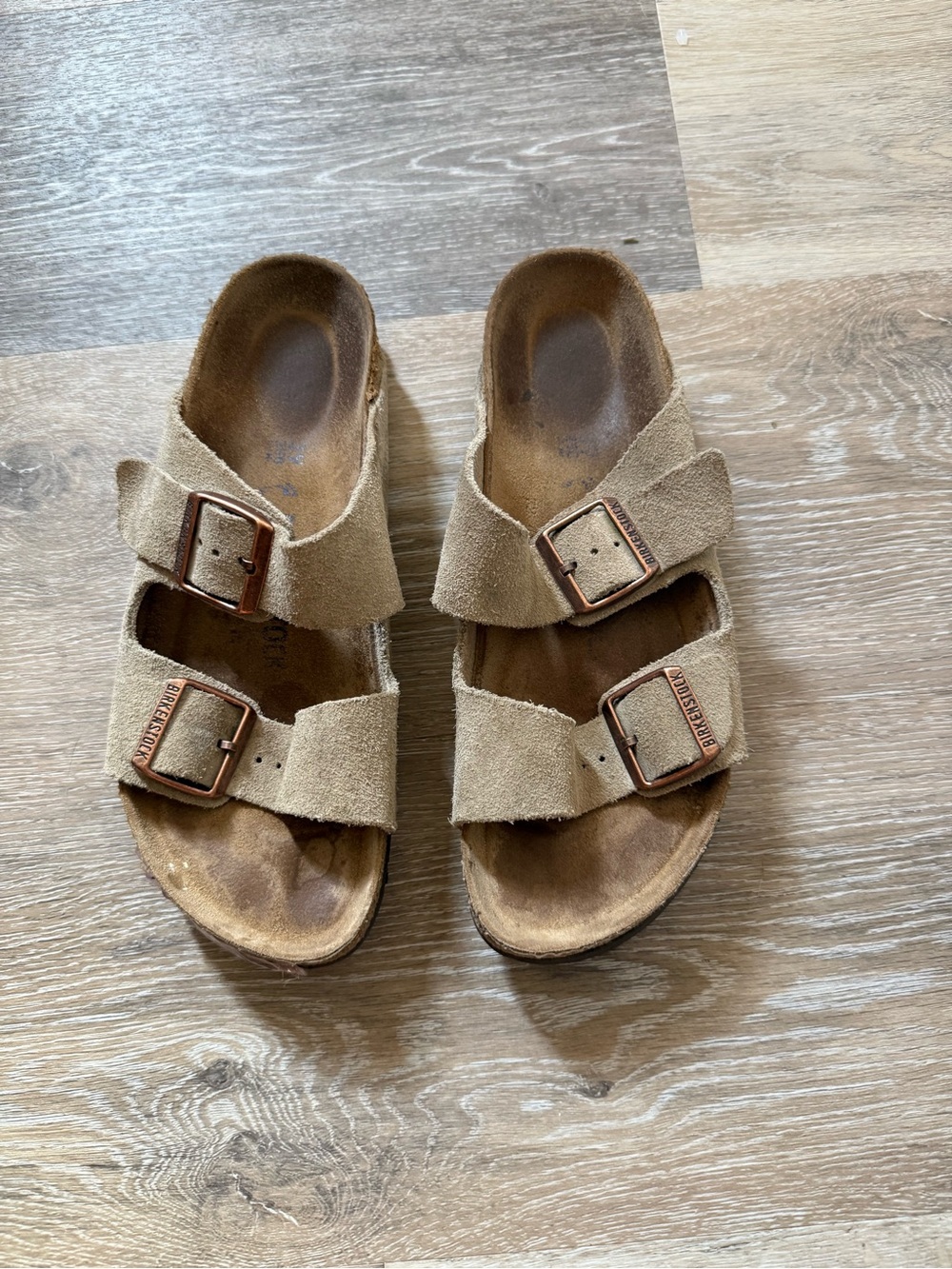 Birkenstock leather Suede Slide Sandals in Light Brown